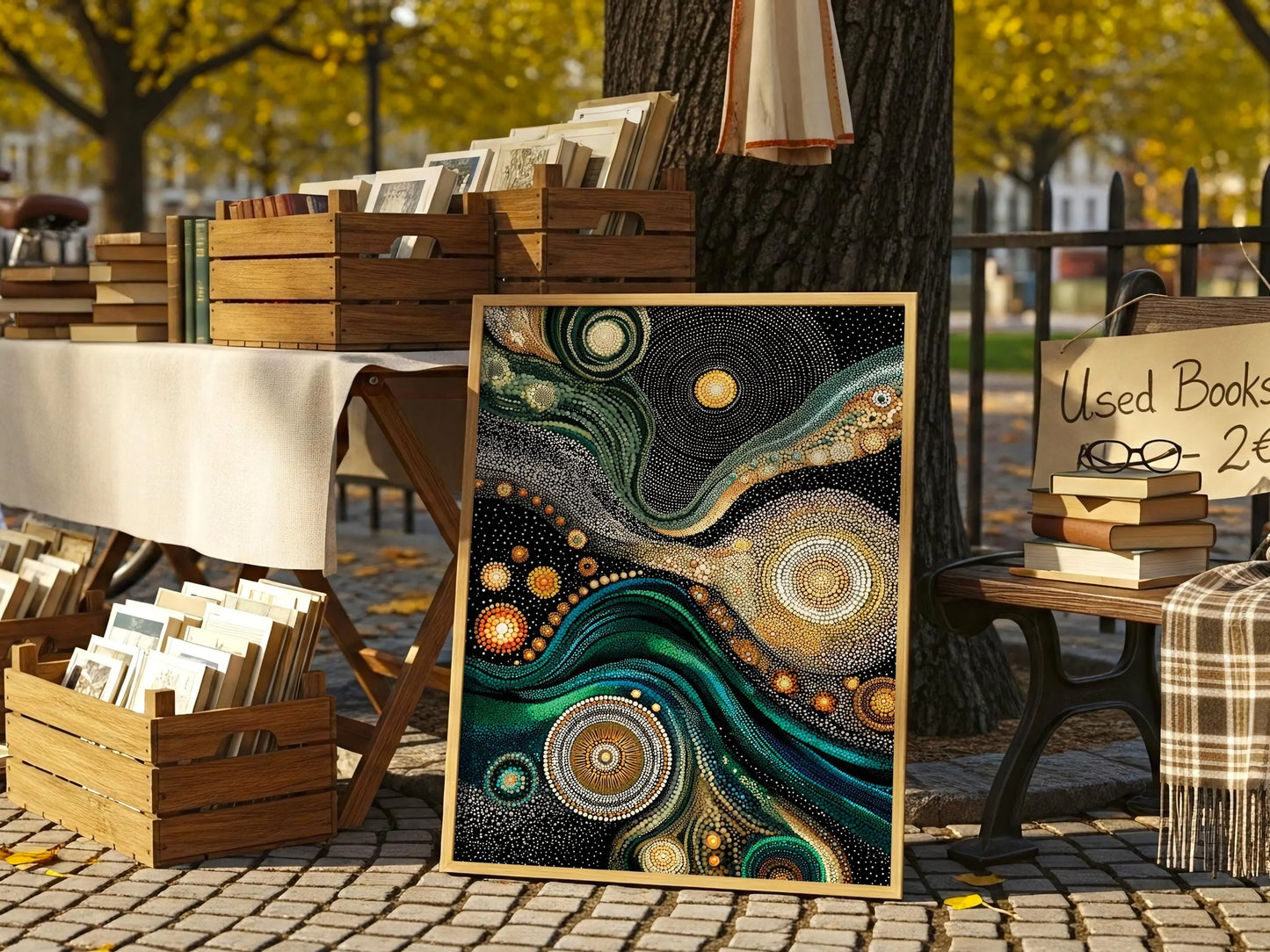 Wall Art Aboriginal Dot Style Swirl Green Gold Kusama Inspired canvas prints