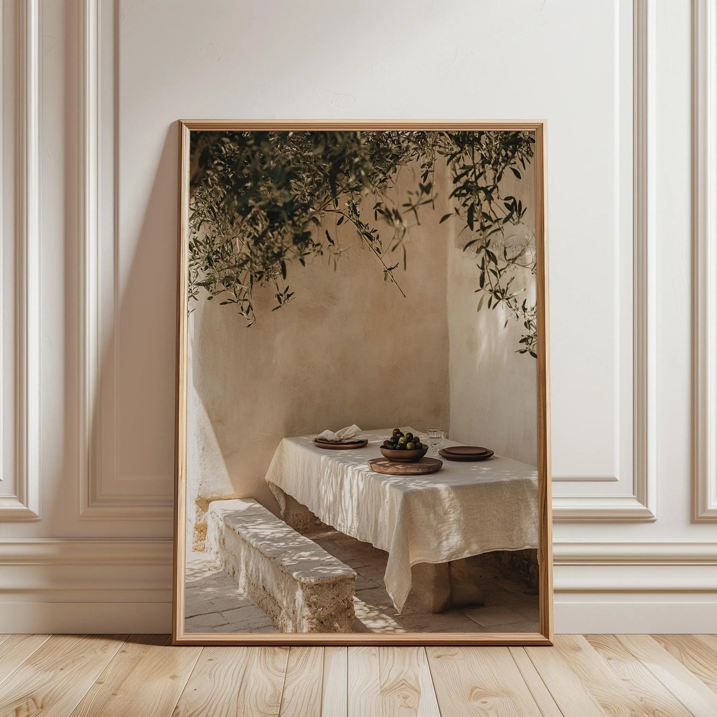 Mediterranean Dining Print, Olive Table Scene, Neutral Kitchen Wall Art (Digital Download)