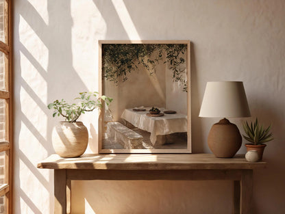 Mediterranean Dining Print, Olive Table Scene, Neutral Kitchen Wall Art (Digital Download)