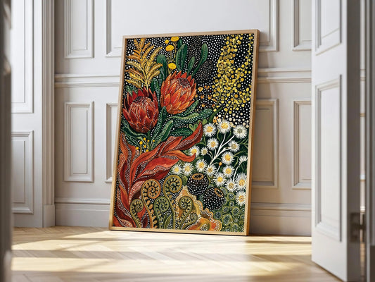 Botanical Aboriginal Art Print Kusama Inspired Abstract Floral Wall Art Tropical Wabi Sabi Decor