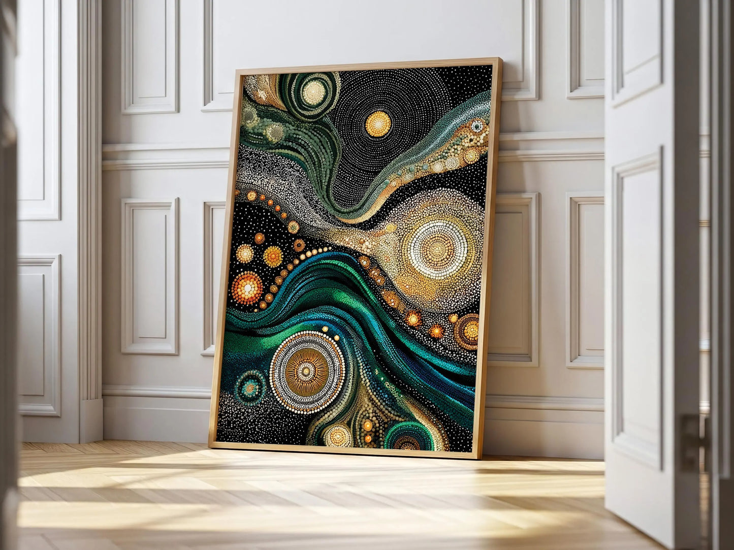 Wall Art Aboriginal Dot Style Swirl Green Gold Kusama Inspired canvas prints