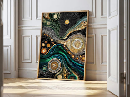Wall Art Aboriginal Dot Style Swirl Green Gold Kusama Inspired canvas prints