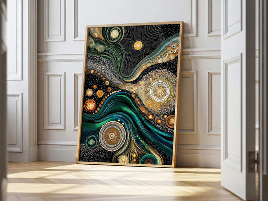 Wall Art Aboriginal Dot Style Swirl Green Gold Kusama Inspired