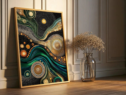 Wall Art Aboriginal Dot Style Swirl Green Gold Kusama Inspired canvas prints