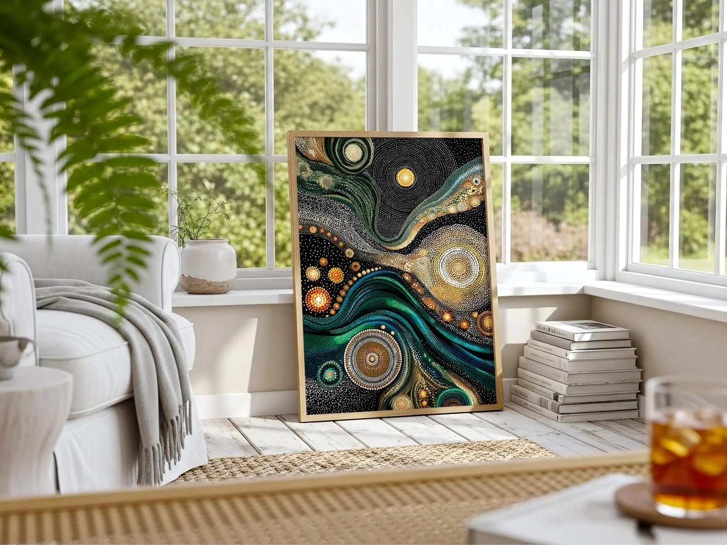 Wall Art Aboriginal Dot Style Swirl Green Gold Kusama Inspired canvas prints