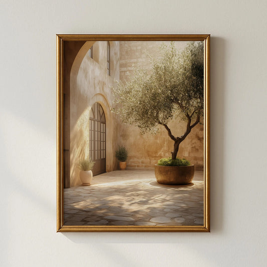 Mediterranean Olive Tree Courtyard Print – Sunlit Rustic Neutral Wall Art (Digital Download)