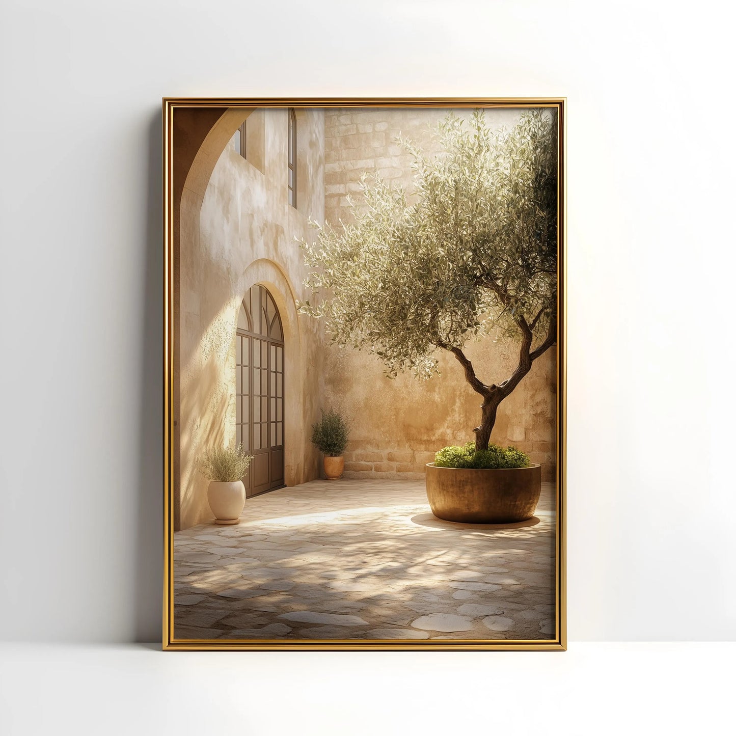 Mediterranean Olive Tree Courtyard Print – Sunlit Rustic Neutral Wall Art (Digital Download)