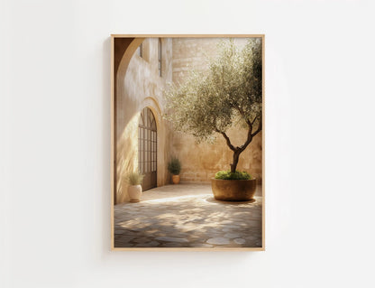 Mediterranean Olive Tree Courtyard Print – Sunlit Rustic Neutral Wall Art (Digital Download)