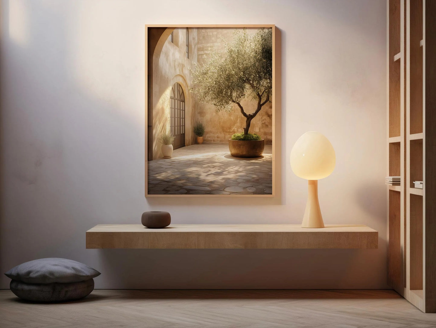 Mediterranean Olive Tree Courtyard Print – Sunlit Rustic Neutral Wall Art (Digital Download)