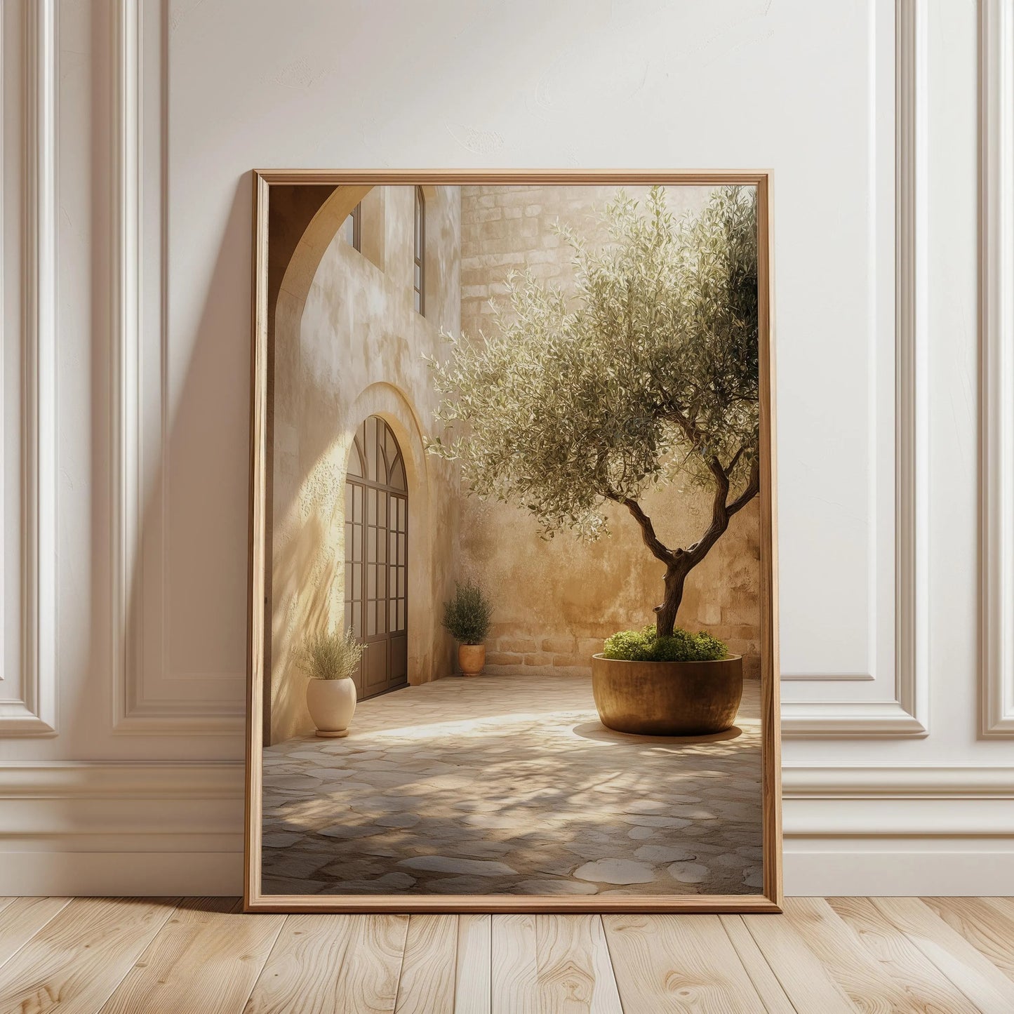 Mediterranean Olive Tree Courtyard Print – Sunlit Rustic Neutral Wall Art (Digital Download)