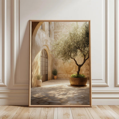 Mediterranean Olive Tree Courtyard Print – Sunlit Rustic Neutral Wall Art (Digital Download)